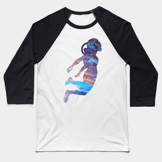 Clothos - Space Girl Floating White Background Baseball T-Shirt by Ciarabarsotti